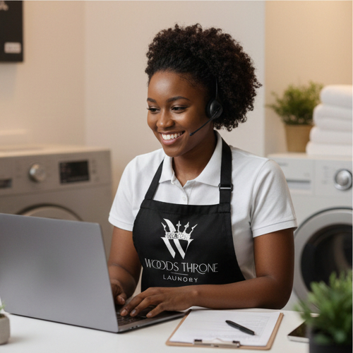 Laundromat Manager Responding On Laptop