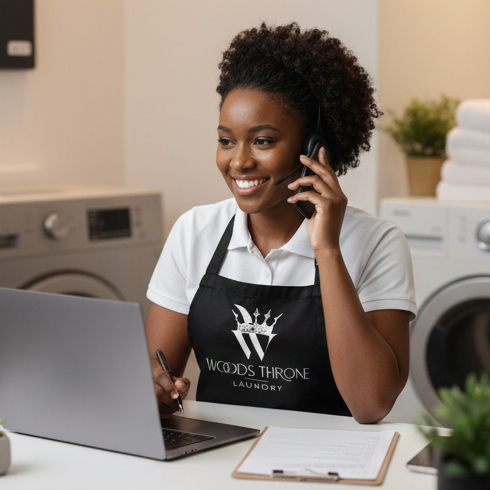 Laundromat Manager On Phone And Laptop On Call